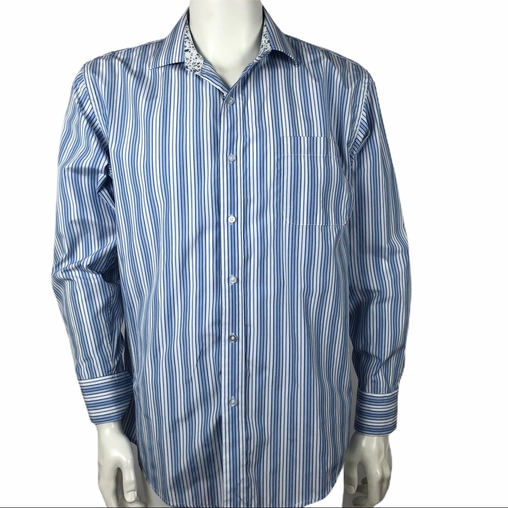 BOGARI Mens Dress Shirt Blue Stripes Long Sleeve M